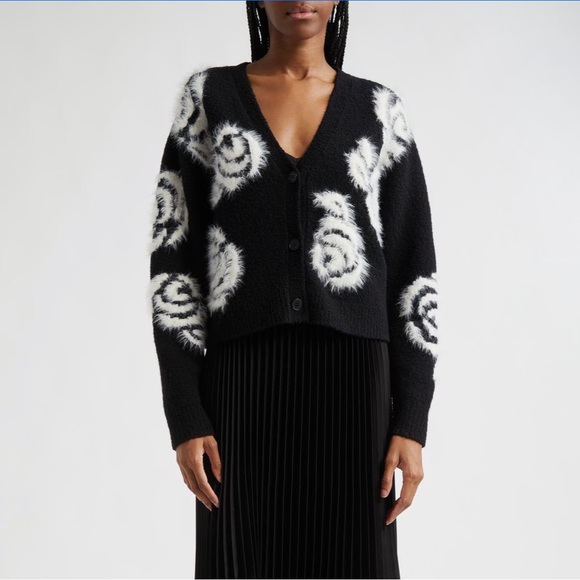 NWT Cinq À Sept Aerin Abstract Floral Long Sleeve Sweater Eyelash Cardigan - Picture 1 of 11